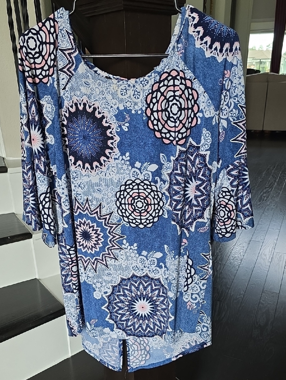 Blue Floral Medallion Scoop-Neck Tunic with Subtle Pink Accents